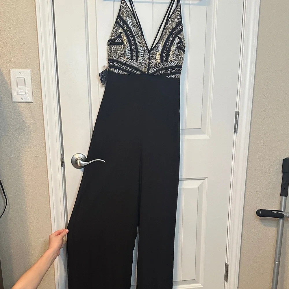 Nasty Gal Wide leg Beaded Jumpsuit Black and Silver NWT new - Picture 4 of 7